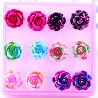 Kunststoff Ohrstecker, mit Gummi Earnut, Blume, gemischte Farben, 13mm, 20BoxenFeld/Menge, 6PaarePärchen/Box, verkauft von Menge