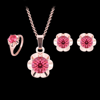 Tibetan Style Jewelry Sets, finger ring & earring & necklace, with iron chain, stainless steel post pin, with 5cm extender chain, Flower, rose gold color plated, rolo chain & with rhinestone, lead & cadmium free, 13x13mm, 20x10mm, US Ring Size:6-9, Length:Approx 16.5 Inch, Sold By Set