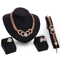 Tibetan Style Jewelry Sets, finger ring & bracelet & earring & necklace, with plastic earnut, stainless steel post pin, with 5cm extender chain, Flower, rose gold color plated, with rhinestone, lead & cadmium free, 18mm, 68x33mm, US Ring Size:6-9, Length:Approx 7 Inch, Approx 16 Inch, Sold By Set