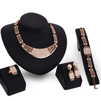 Tibetan Style Jewelry Sets, finger ring & bracelet & earring & necklace, with plastic earnut, stainless steel post pin, with 5cm extender chain, rose gold color plated, with rhinestone, lead & cadmium free, 41mm, 95x40mm, US Ring Size:6-9, Length:Approx 7 Inch, Approx 14.5 Inch, Sold By Set
