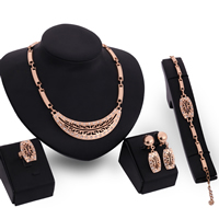 Tibetan Style Jewelry Sets, finger ring & bracelet & earring & necklace, with plastic earnut, stainless steel post pin, with 5cm extender chain, rose gold color plated, with rhinestone, lead & cadmium free, 45mm, 189x40mm, US Ring Size:6-9, Length:Approx 7 Inch, Approx 15.5 Inch, Sold By Set