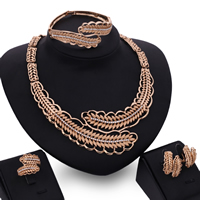 Zinc Alloy Jewelry Sets bangle & finger ring & earring & necklace stainless steel earring post and Omega clip Leaf rose gold color plated with rhinestone lead & cadmium free 27mm 102mm Inner Approx 65mm US Ring Length Approx 8 Inch Approx 17 Inch Sold By Set