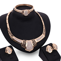 Tibetan Style Jewelry Sets, bangle & finger ring & earring & necklace, stainless steel earring post and Omega clip, rose gold color plated, with rhinestone, lead & cadmium free, 25mm, 113mm, Inner Diameter:Approx 65mm, US Ring Size:6-9, Length:Approx 8 Inch, Approx 15.5 Inch, Sold By Set