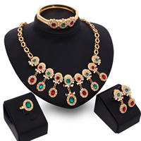 Tibetan Style Jewelry Sets, bangle & finger ring & earring & necklace, with Crystal, stainless steel earring post and Omega clip, Flat Round, gold color plated, faceted & with rhinestone, multi-colored, lead & cadmium free, 42mm, 50mm, Inner Diameter:Approx 65mm, US Ring Size:6-9, Length:Approx 8.5 Inch, Approx 17.5 Inch, Sold By Set
