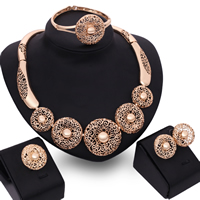 Zinc Alloy Jewelry Sets finger ring & bracelet & earring & necklace stainless steel earring post and Omega clip Flat Round rose gold color plated hollow lead & cadmium free 26mm 40mm Inner Approx 65mm US Ring Length Approx 8 Inch Approx 15 Inch Sold By Set