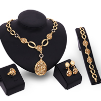 Tibetan Style Jewelry Sets, finger ring & bracelet & earring & necklace, stainless steel earring post and Omega clip, Teardrop, gold color plated, with rhinestone & hollow, lead & cadmium free, 35mm, 37mm, US Ring Size:6-9, Length:Approx 7 Inch, Approx 16.5 Inch, Sold By Set