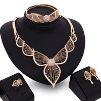 Tibetan Style Jewelry Sets, bangle & finger ring & earring & necklace, stainless steel earring post and Omega clip, Leaf, rose gold color plated, with rhinestone, lead & cadmium free, 30mm, 35mm, Inner Diameter:Approx 70mm, US Ring Size:6-9, Length:Approx 9 Inch, Approx 15.5 Inch, Sold By Set