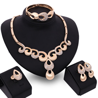 Tibetan Style Jewelry Sets, bangle & finger ring & earring & necklace, stainless steel earring post and Omega clip, Teardrop, rose gold color plated, with rhinestone, lead & cadmium free, 35mm, 40mm, Inner Diameter:Approx 65mm, US Ring Size:6-9, Length:Approx 8 Inch, Approx 16 Inch, Sold By Set