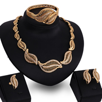 Zinc Alloy Jewelry Sets bangle & finger ring & earring & necklace stainless steel earring post and Omega clip Leaf gold color plated with rhinestone lead & cadmium free 30mm 50mm Inner Approx 65mm US Ring Length Approx 8.5 Inch Approx 17.5 Inch Sold By Set