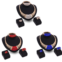 Tibetan Style Jewelry Sets, bangle & finger ring & earring & necklace, stainless steel earring post and Omega clip, rose gold color plated, with rhinestone, more colors for choice, lead & cadmium free, 20mm, 103mm, Inner Diameter:Approx 65mm, US Ring Size:6-9, Length:Approx 8 Inch, Approx 17 Inch, Sold By Set