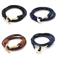 PU Leather Cord Bracelets with Waxed Cotton Cord & Zinc Alloy Anchor plated nautical pattern nickel lead & cadmium free Sold Per Approx 25.6-29.5 Inch Strand