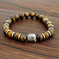Wrist Mala, Tiger Eye, with Tibetan Style, Buddha, antique silver color plated, natural & Buddhist jewelry, nickel, lead & cadmium free, 8mm, Sold Per Approx 7 Inch Strand