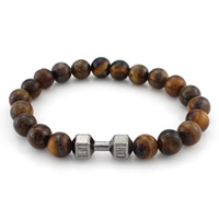 Natural Tiger Eye Bracelets with Zinc Alloy Barbell plumbum black color plated nickel lead & cadmium free 8mm Sold Per Approx 7 Inch Strand