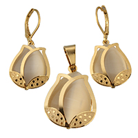 Cats Eye Jewelry Set, pendant & earring, with Stainless Steel, Flower Bud, gold color plated, 20.5x29.5x7.5mm, 16.5x23.5x5mm, 11x16mm, Hole:Approx 5x9mm, 10Sets/Lot, Sold By Lot