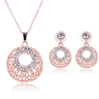 Tibetan Style Jewelry Sets, earring & necklace, with plastic earnut & iron chain, stainless steel post pin, with 5cm extender chain, rose gold color plated, oval chain & with rhinestone, lead & cadmium free, 32x24mm, 35x24mm, Length:Approx 16.5 Inch, Sold By Set