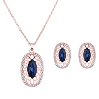 Zinc Alloy Jewelry Sets earring & necklace with iron chain & Crystal stainless steel post pin with 5cm extender chain Flat Oval rose gold color plated rope chain & faceted & with rhinestone lead & cadmium free  Length Approx 16.5 Inch Sold By Set