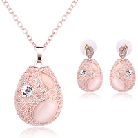 Cat Eye Jewelry Set, earring & necklace, Tibetan Style, with plastic earnut & iron chain & Cats Eye, stainless steel post pin, with 5cm extender chain, Teardrop, rose gold color plated, oval chain & with rhinestone, lead & cadmium free, 33x19mm, Length:Approx 16.5 Inch, Sold By Set