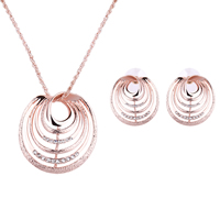 Tibetan Style Jewelry Sets, earring & necklace, with plastic earnut & iron chain, stainless steel post pin, with 5cm extender chain, rose gold color plated, rope chain & with rhinestone, lead & cadmium free, 29x28mm, 40x37mm, Length:Approx 16.5 Inch, Sold By Set