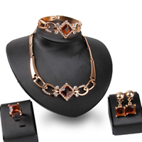 Tibetan Style Jewelry Sets, finger ring & bracelet & earring & necklace, with Crystal, stainless steel earring post and Omega clip, Rhombus, rose gold color plated, faceted & with rhinestone, lead & cadmium free, 20x15mm, 40x15mm, US Ring Size:6-9, Length:Approx 7.5 Inch, Approx 15.5 Inch, Sold By Set