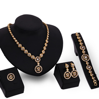 Zinc Alloy Jewelry Sets finger ring & bracelet & earring & necklace stainless steel post pin with 5cm extender chain Flat Round gold color plated with rhinestone lead & cadmium free  US Ring Length Approx 7.5 Inch Approx 18.5 Inch Sold By Set
