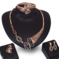 Tibetan Style Jewelry Sets, bangle & finger ring & earring & necklace, stainless steel post pin, rose gold color plated, with rhinestone, lead & cadmium free, 29x22mm, 30x12mm, Inner Diameter:Approx 70mm, Length:Approx 7 Inch, Approx 18.5 Inch, Sold By Set