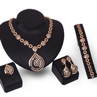 Tibetan Style Jewelry Sets, finger ring & bracelet & earring & necklace, stainless steel earring post and Omega clip, Teardrop, rose gold color plated, with rhinestone, lead & cadmium free, 28x24mm, 50x24mm, Length:Approx 7.5 Inch, Approx 17.5 Inch, Sold By Set