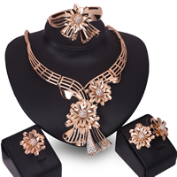 Tibetan Style Jewelry Sets, bangle & finger ring & earring & necklace, stainless steel earring post and Omega clip, Flower, rose gold color plated, with rhinestone, lead & cadmium free, 30mm, Inner Diameter:Approx 70mm, US Ring Size:6-9, Length:Approx 7 Inch, Approx 14 Inch, Sold By Set