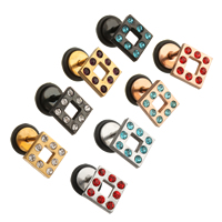 Stainless Steel Piercing Earring, with Silicone, Rhombus, plated, with rhinestone, mixed colors, 11x11x12mm, 1mm, 30Pairs/Lot, Sold By Lot