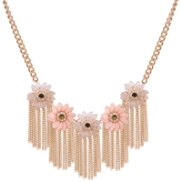 Fashion Fringe Necklace, Tibetan Style, with iron chain & Resin, iron lobster clasp, with 5cm extender chain, Flower, gold color plated, twist oval chain & faceted & with rhinestone, pink, lead & cadmium free, 80x90mm, Sold Per Approx 16 Inch Strand