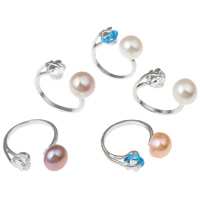 Pierścień z perłami słodkowodnymi, Mosiądz, ze Perła naturalna słodkowodna, Platerowane w kolorze platyny, naturalny & Otwórz & z sześcienną cyrkonią & fasetowany, dostępnych więcej kolorów, bez zawartości niklu, ołowiu i kadmu, 9-10mm, 19x25x10mm, rozmiar:5.5, sprzedane przez para