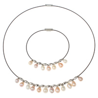 Natural Cultured Freshwater Pearl Jewelry Sets, bracelet & necklace, with Brass & Tiger Tail Wire, brass magnetic clasp, with 5cm extender chain, Teardrop, platinum color plated, with painted, multi-colored, 5-6mm, Length:Approx 16.5 Inch, Approx 7 Inch, Sold By Set