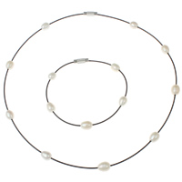 Natural Cultured Freshwater Pearl Jewelry Sets, bracelet & necklace, with Tiger Tail Wire, brass magnetic clasp, with 5cm extender chain, platinum color plated, with painted, multi-colored, 6-7mm, Length:Approx 16.5 Inch, Approx 7 Inch, Sold By Set