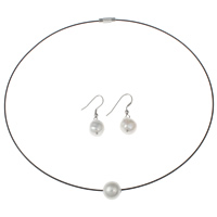 Natural Cultured Freshwater Pearl Jewelry Sets, earring & necklace, with Brass & Tiger Tail Wire, with 5cm extender chain, platinum color plated, with painted, white, 11-12mm, 18x36x12mm, Length:Approx 16.5 Inch, Sold By Set