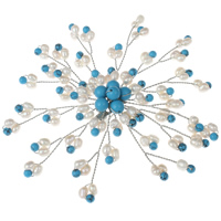 Freshwater Pearl Brooch with Turquoise & Brass Flower platinum color plated natural 3-4mm Sold By PC