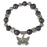 Freshwater Cultured Pearl Bracelet, Freshwater Pearl, with Brass, Butterfly, antique silver color plated, dyed & charm bracelet, black, 9-10mm, 22x16x2mm, Sold Per Approx 7 Inch Strand