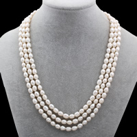 Natural Freshwater Pearl Necklace, brass hook and eye clasp, Rice, white, 5-6mm, Sold Per 15 Inch Strand