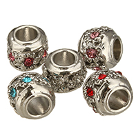 Tibetan Style European Beads, Drum, platinum color plated, without troll & with rhinestone, more colors for choice, nickel, lead & cadmium free, 11x9x11mm, Hole:Approx 5mm, 100PCs/Lot, Sold By Lot