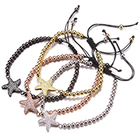 Brass Woven Ball Bracelets, with Nylon Cord, Starfish, plated, adjustable & high quality plating and never fade & micro pave cubic zirconia, more colors for choice, nickel, lead & cadmium free, 23.5x16.5x2.5mm, 3.5x4mm, Length:Approx 5.5-9 Inch, 10Strands/Lot, Sold By Lot