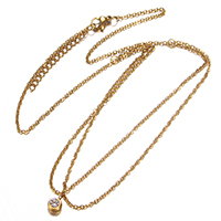 Stainless Steel Jewelry Necklace, with 2lnch extender chain, gold color plated, oval chain & with rhinestone & 2-strand, 2x1.5x0.3mm, 5.5x8.5x4.3mm, Length:Approx 16 Inch, 20Strands/Lot, Sold By Lot