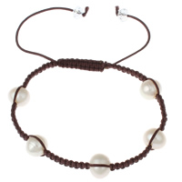 Bracelets Woven Ball perles d'eau douce, perle d'eau douce cultivée, avec corde en nylon & cristal, naturel, réglable & facettes, blanc, 8-9mm, Vendu par Environ 6 pouce brin