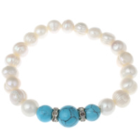 Freshwater Cultured Pearl Bracelet Freshwater Pearl with rhinestone brass spacer & Turquoise natural white 7-8mm Sold Per Approx 6 Inch Strand