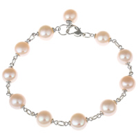 Freshwater Cultured Pearl Bracelet, Freshwater Pearl, with Brass, Potato, platinum color plated, natural & bar chain, pink, 7-8mm, Sold Per Approx 6.5 Inch Strand