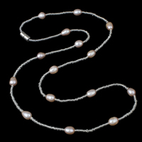 Natural Freshwater Pearl Necklace, with Glass Seed Beads, brass magnetic clasp, with 5cm extender chain, pink, 5-6mm, Sold Per Approx 20 Inch Strand