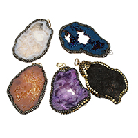 Natural Agate Druzy Pendant, Ice Quartz Agate, with Rhinestone Clay Pave & Brass, plated, druzy style & mixed, 42-49x65-73x9-11mm, Hole:Approx 5x7mm, 5PCs/Lot, Sold By Lot