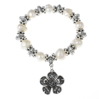 Freshwater Cultured Pearl Bracelet Freshwater Pearl with Brass Flower antique silver color plated natural & charm bracelet white 8-9mm Sold Per Approx 6 Inch Strand