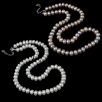 Naturlige ferskvands perle halskæde, Ferskvandsperle, messing karabinlås, med 4cm extender kæde, Button, flere farver til valg, 7-8mm, Solgt Per Ca. 18 inch Strand