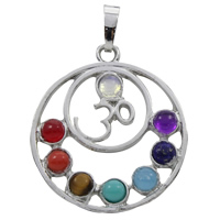 Gemstone Pendants Jewelry, Tibetan Style, with Gemstone, Flat Round, platinum color plated, natural & with om symbol, lead & cadmium free, 31x35x5mm, Hole:Approx 5x7mm, Sold By PC