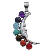 Gemstone Pendants Jewelry, Tibetan Style, with Gemstone, Moon, platinum color plated, natural, lead & cadmium free, 13x32x5mm, Hole:Approx 5x7mm, 30PCs/Bag, Sold By Bag