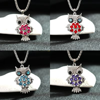 Tibetan Style Sweater Chain Necklace, with iron chain, with 5cm extender chain, Owl, platinum color plated, lantern chain & with rhinestone, more colors for choice, lead & cadmium free, 33x49mm, Length:Approx 23 Inch, 5Strands/Bag, Sold By Bag