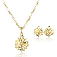 Tibetan Style Jewelry Sets, earring & necklace, Flower, gold color plated, round link chain & with rhinestone, nickel, lead & cadmium free, 30x50mm, 25x20mm, Length:Approx 17.7 Inch, 5Sets/Lot, Sold By Lot